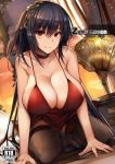  1girl azur_lane bangs bare_shoulders black_hair breasts choker cleavage cocktail_dress collarbone commentary_request cover cover_page curtains doujin_cover doujinshi dress hair_between_eyes hair_ornament large_breasts lolicept long_hair looking_at_viewer phonograph red_choker red_dress red_eyes sitting smile taihou_(azur_lane) thigh-highs very_long_hair window 