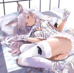  1girl animal_ears ass black_ribbon blush breasts bunny_tail closed_mouth copyright_request fur_trim gloves grey_eyes grey_hair grey_leotard hair_spread_out highres kanasebench large_breasts leotard long_hair looking_at_viewer lying on_bed on_side pillow pink_pupils rabbit_ears ribbon short_hair simple_background solo tail thigh-highs white_background white_gloves white_ribbon 