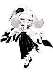  1girl alternate_costume closed_eyes full_body geta hair_ornament hakama hakama_skirt hime_(splatoon) japanese_clothes long_sleeves monochrome shimidu_sp short_hair simple_background sleeves_past_wrists smile solo splatoon splatoon_(series) splatoon_2 tabi tentacle_hair white_background wide_sleeves 