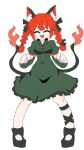  1girl :3 :d ^_^ absurdres animal_ears bow braid cat_ears cat_tail closed_eyes dress extra_ears fang flame-tipped_tail full_body green_dress hair_bow highres kaenbyou_rin legs_apart long_hair multiple_tails nekomata open_mouth paw_pose redhead smile solo tail touhou twin_braids two_tails ukanosaguji 