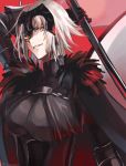  1girl arm_up armor armored_dress bangs black_dress breasts cape chains commentary_request dress eyebrows_visible_through_hair fate/grand_order fate_(series) flag fur-trimmed_cape fur_collar fur_trim gauntlets grin headpiece highres holding holding_flag holding_weapon hoshi_rasuku jeanne_d&#039;arc_(alter)_(fate) jeanne_d&#039;arc_(fate)_(all) large_breasts looking_at_viewer red_background short_hair silver_hair smile weapon yellow_eyes 