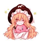  1girl 1other ;d black_hat blonde_hair blue_eyes blush bow braid carrying commentary_request crossover cute derivative_work eyebrows_visible_through_hair grin hair_between_eyes hal_laboratory_inc. hat hat_bow hoshi_no_kirby hug kirby kirby_(series) kirisame_marisa korean_commentary long_hair long_sleeves looking_at_viewer nail_polish nintendo one_eye_closed open_mouth pink_nails pink_puff_ball shan shirt simple_background single_braid smile star strap_slip team_shanghai_alice touhou upper_body wavy_hair white_background white_bow white_shirt wing_collar wink witch_hat yellow_eyes 