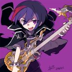  :d blue_hair bracelet character_request commentary_request copyright_request electric_guitar eyebrows_visible_through_hair eyes_visible_through_hair guitar holding holding_instrument instrument jacket_on_shoulders jewelry looking_at_viewer multicolored_hair music open_mouth playing_instrument purple_background reiesu_(reis) short_sleeves signature simple_background smile solo standing streaked_hair violet_eyes 