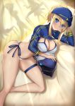  1girl ahoge akatsuki_ikki artoria_pendragon_(all) bangs bare_legs barefoot baseball_cap bed bed_sheet bikini blonde_hair blue_eyes blue_hat blurry_foreground breasts chair cleavage commentary_request dutch_angle eyebrows_visible_through_hair fate/grand_order fate_(series) hair_through_headwear hat helmet highres large_breasts long_hair looking_at_viewer lying motorcycle_helmet mysterious_heroine_xx_(foreigner) navel on_side people ponytail shrug_(clothing) side-tie_bikini smile solo swimsuit table white_bikini yellow_background 