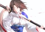  1girl bangs brown_eyes brown_hair closed_mouth falling_petals hoshi_rasuku japanese_clothes kara_no_kyoukai katana kimono looking_down obi ryougi_shiki sash sheath short_hair sword unsheathing weapon wide_sleeves 