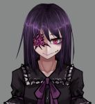  1girl ageha_(ray-k) bangs black_dress butterfly_affection closed_mouth dress extra_eyes eyeshadow grey_background hair_between_eyes highres long_hair makeup monster_girl neck_ribbon purple_hair purple_lips purple_neckwear purple_ribbon ray-k red_eyes ribbon simple_background slit_pupils smile solo upper_body 