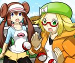  2girls ahoge bel_(pokemon) blonde_hair blue_eyes breasts brown_hair commentary_request creatures_(company) game_freak glasses green_eyes hat jacket long_hair medium_hair mei_(pokemon) multiple_girls nintendo open_mouth pantyhose poke_ball pokemon pokemon_(game) pokemon_bw2 ragunaroku 