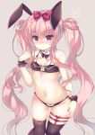  1girl animal_ears black_legwear blush bow bow_panties braid breasts copyright_request eyebrows_visible_through_hair hair_bow hair_ribbon hat highres long_hair looking_at_viewer navel panties pink_hair pink_hat rabbit_ears red_bow ribbon small_breasts solo suzunone_rena thigh-highs twintails underwear very_long_hair violet_eyes 