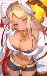 1girl animal animal_between_breasts bangs bare_shoulders between_breasts black_legwear black_shorts blonde_hair blush boar breasts brown_eyes chinese_zodiac cleavage closed_mouth collarbone commentary_request draph egasumi eyebrows_visible_through_hair eyeshadow facial_mark fang fang_out gloves granblue_fantasy hand_up head_tilt highres horns jacket kuvira_(granblue_fantasy) large_breasts long_hair looking_at_viewer makeup midriff navel rai_(sakuranbo_sugar) short_shorts shorts smile solo swept_bangs thigh-highs w wavy_mouth white_gloves white_jacket year_of_the_pig 