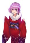  1girl absurdres blush eyebrows_visible_through_hair fate/grand_order fate_(series) fur_trim hair_between_eyes hair_ornament highres japanese_clothes jjeono kimono long_sleeves looking_at_viewer mash_kyrielight obi open_mouth purple_hair red_kimono sash short_hair simple_background sleeves_past_wrists smile solo violet_eyes white_background wide_sleeves 
