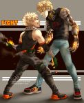  2boys absurdres angry bakugou_katsuki black_sclera blonde_hair boku_no_hero_academia clenched_teeth commentary crossover curly_hair cyborg english_commentary fighting_stance fire freckles genos gloves highres insertsomthinawesome male_focus mechanical_arm multiple_boys one-punch_man prosthesis red_eyes short_hair smile spiky_hair teeth yellow_eyes 