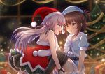  2girls absurdres bare_shoulders black_legwear blue_gloves blue_hat blush christmas christmas_tree cross-laced_legwear etou_kanami eye_contact food fruit gift gloves hat highres indoors long_hair looking_at_another mouth_hold multiple_girls purple_hair red_hat santa_costume santa_hat short_hair short_sleeves sitting strawberry thigh-highs toji_no_miko tsubakuro_yume wristband yumina_(artist) yuri 