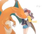  1girl ayumi_(pokemon) backpack bag bangs baseball_cap black_blouse blouse blue_shorts blush_stickers brown_eyes brown_hair charizard closed_eyes commentary creatures_(company) game_freak gen_1_pokemon hat hug light_particles long_hair midriff nintendo open_mouth pikachu pokemon pokemon_(creature) pokemon_(game) pokemon_lgpe ponytail short_shorts short_sleeves shorts simple_background smile solo standing thighs ueda_kou white_background 