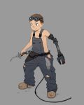  1boy amputee beige_background brown_hair dirty_clothes dirty_face folder_(69loremipsum) full_body goggles goggles_on_head highres male_focus mechanical_arm naked_overalls original overalls prosthesis prosthetic_arm shoes simple_background smile solo torn_clothes 