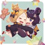  2girls :d ^_^ abigail_williams_(fate/grand_order) bangs black_bow black_jacket blonde_hair blush bow brown_pants closed_eyes closed_eyes commentary_request crossed_bandaids fate/grand_order fate_(series) grey_hoodie hair_bow hair_bun heroic_spirit_traveling_outfit high_heels highres hood hood_down hoodie jacket katsushika_hokusai_(fate/grand_order) kurono_kito long_hair long_sleeves multiple_girls open_mouth orange_bow outstretched_arms pants parted_bangs polka_dot polka_dot_bow red_footwear saint_quartz shoes sleeves_past_fingers sleeves_past_wrists smile stuffed_animal stuffed_toy teddy_bear violet_eyes 