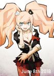  1girl bangs bear_hair_ornament black_shirt blonde_hair blue_eyes bra breasts cleavage collarbone commentary_request dangan_ronpa dangan_ronpa_1 dated dot_nose enoshima_junko eyebrows_visible_through_hair hair_ornament hand_on_hip hand_on_own_face jewelry long_hair looking_at_viewer miniskirt multicolored_neckwear necklace necktie red_bra red_ribbon red_skirt ribbon ryuukotsu school_uniform serafuku shirt skirt sleeves_rolled_up solo twintails underwear 