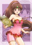  1girl :o blush book breasts brown_eyes brown_hair chains choker circlet cleavage collarbone commentary_request covered_navel dress fire_emblem fire_emblem:_mystery_of_the_emblem fujii_satoshi hair_ornament hair_scrunchie holding holding_book linda_(fire_emblem) long_hair looking_at_viewer medium_breasts nintendo panties pink_panties pink_scrunchie ponytail scrunchie see-through short_dress solo strapless strapless_dress underwear very_long_hair zoom_layer 