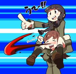  2girls arms_up bangs black_hair black_legwear black_neckwear blood blunt_bangs blush braid breasts brown_hair carrying dokan_(dkn) eyebrows_visible_through_hair green_serafuku kantai_collection kitakami_(kantai_collection) long_hair long_sleeves multiple_girls nosebleed ooi_(kantai_collection) open_mouth school_uniform serafuku shoes shoulder_carry sidelocks socks striped striped_background teeth translation_request 