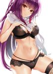  1girl bangs bare_shoulders black_bra black_legwear black_panties blush bra breasts cleavage closed_mouth fate/grand_order fate_(series) fishnet_legwear fishnets hair_between_eyes hands_on_own_chest hijiri_ruka large_breasts long_hair looking_at_viewer navel panties purple_hair red_eyes scathach_(fate)_(all) scathach_(fate/grand_order) signature simple_background smile solo thigh-highs thighs towel towel_around_neck underwear white_background 