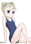  1girl arm_support bare_shoulders blonde_hair blue_eyes blush breasts child chrono_cross closed_mouth collarbone commentary_request double_bun eyebrows female from_side looking_at_viewer marcy_(chrono_cross) one-piece_swimsuit s-a-murai school_swimsuit short_eyebrows short_hair simple_background sitting small_breasts smile solo swimsuit white_background 