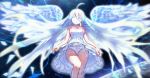  1girl ahoge angel_wings character_request copyright_request daidaiko_orange dress feet_out_of_frame frilled_dress frills from_below hair_between_eyes highres long_hair looking_at_viewer outdoors panties pantyshot sky solo space star_(sky) starry_sky strapless strapless_dress underwear very_long_hair white_dress white_hair white_panties wings 