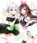  2girls a.i._channel bangs bare_shoulders black_dress black_legwear black_sleeves blush bow bracelet braid brown_hair closed_mouth cowboy_shot detached_collar detached_sleeves dress gradient_hair green_bow green_eyes green_hair hair_bow hairband hand_holding highres jewelry kizuna_ai leg_up long_hair long_sleeves looking_at_viewer multicolored_hair multiple_girls open_mouth pink_hair pink_hairband pink_vest polka_dot polka_dot_dress riiiyama sash shirt short_hair shorts side_braid silver_hair sleeveless sleeveless_shirt smile streaked_hair swept_bangs thigh-highs two-tone_hair very_long_hair vest violet_eyes virtual_youtuber white_background white_shorts wing_collar yuni_(yuni_channel) yuni_channel 