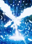  blue digimon feathered_wings feathers harada_miyuki highres holding holding_sword holding_weapon monochrome no_humans omegamon silhouette solo sword weapon wings 