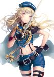  1girl blonde_hair blush fingerless_gloves gloves hat himehina_channel long_hair looking_at_viewer midriff military military_uniform navel smile solo suzuki_hina sword uniform violet_eyes weapon xi_zhujia_de_rbq 