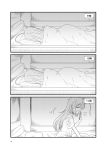  1girl 3koma absurdres ahoge bangs casual comic greyscale hand_up highres i-168_(kantai_collection) kantai_collection long_hair messy_hair monochrome off_shoulder open_mouth shirt sidelocks sleeping tearing_up under_covers waking_up yawning yua_(checkmate) 