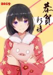  1girl 2019 absurdres animal bangs black_hair blush chun-ge closed_mouth commentary_request eyebrows_visible_through_hair floral_print fur_collar happy_new_year highres holding holding_animal japanese_clothes kimono long_sleeves looking_at_viewer medium_hair multicolored multicolored_background new_year o_o original pig print_kimono purple_hair red_kimono smile solo translated upper_body wide_sleeves 