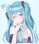 ! 1girl 39 aete black_sleeves blue_background blue_eyes blue_hair blue_neckwear cropped_torso detached_sleeves eyebrows_visible_through_hair floating_hair grey_shirt hair_between_eyes hair_ornament hatsune_miku head_tilt long_hair long_sleeves looking_at_viewer necktie shiny shiny_hair shirt simple_background sleeveless sleeveless_shirt smile solo twintails twitter_username upper_body v very_long_hair vocaloid 