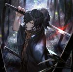  1boy bangs black_hair commentary_request fate/grand_order fate_(series) from_above grin hair_over_one_eye holding holding_sword holding_weapon japanese_clothes kanashiki katana long_hair long_sleeves looking_at_viewer multiple_swords okada_izou_(fate) ponytail scarf smile sword weapon yellow_eyes 