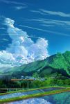  absurdres blue_sky clouds cloudy_sky day forest grass ground_vehicle highres mountain nature no_humans original outdoors railing reflection rural scenery sky smile_(qd4nsvik) town train tree water 