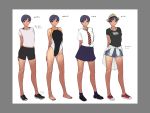  1girl absurdres arms_behind_back barefoot bike_shorts black_hair character_sheet clothes_around_waist competition_school_swimsuit denim denim_shorts full_body hat highres jewelry looking_at_viewer midriff navel necklace necktie oohara_kyuutarou original pleated_skirt school_uniform shirt_around_waist shoes shorts skirt smile sneakers solo straw_hat swimsuit tan tanline tomboy track_suit 