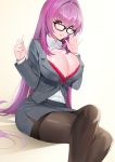  1girl adjusting_eyewear alternate_costume artist_name bespectacled bra breasts chalk cleavage damda dress_shirt fate/grand_order fate_(series) formal glasses gradient gradient_background hair_intakes lace lace-trimmed_bra large_breasts legs legs_crossed long_hair long_sleeves looking_at_viewer open_clothes open_mouth open_shirt pantyhose purple_hair red_bra red_eyes scathach_(fate)_(all) scathach_(fate/grand_order) shirt side_slit sitting skirt skirt_suit suit teacher thighband_pantyhose thighs underwear 