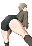  1girl ass bangs bent_over black_footwear black_shorts blush boots brown_eyes brown_hair brown_jacket commentary_request from_behind girls_und_panzer hands_on_own_knees jacket knee_boots long_sleeves looking_at_viewer looking_back military military_uniform no_emblem parted_lips sasaki_tatsuya saunders_military_uniform short_hair shorts solo spread_legs standing uniform very_short_hair 