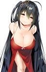  1girl ahoge azur_lane bent_over black_hair blush breasts choker cleavage closed_mouth dress eyebrows_visible_through_hair half-closed_eyes head_tilt huge_breasts long_hair looking_at_viewer one_side_up red_dress red_eyes sidelocks sky_(freedom) smile solo taihou_(azur_lane) very_long_hair 