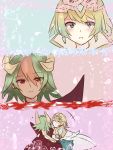  2girls 3koma blonde_hair blue_background blue_eyes blush comic commentary_request dark_skin earrings eyebrows_visible_through_hair face fire_emblem fire_emblem_heroes fjorm_(fire_emblem_heroes) green_eyes green_hair hair_between_eyes highres horns hug jewelry laegjarn_(fire_emblem_heroes) matsumari_(mesaia33) multicolored_hair multiple_girls nintendo open_mouth pink_background purple_background red_eyes short_hair silent_comic smile snow two-tone_hair 