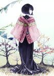  1girl artist_name bare_tree black_dress black_eyes black_hair buttons cape dated dress flag full_body grass jewelry looking_to_the_side necklace original outdoors pink_cape shirono_hato short_hair standing string_of_flags tree white_background white_sky 