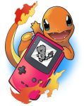  artist_request blue_eyes charmander creatures_(company) fire flame game_boy game_freak gen_1_pokemon handheld_game_console holding looking_at_viewer nintendo no_humans pixelated pokemon pokemon_(creature) pokemon_(game) pokemon_rgby screen simple_background source_request white_background 