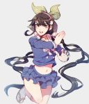  1girl bangs black_hair breasts chabashira_tenko dangan_ronpa fighting_stance green_eyes hair_ribbon hairband layered_skirt long_hair long_sleeves looking_at_viewer medium_breasts midriff mole mole_under_mouth new_dangan_ronpa_v3 open_mouth pleated_skirt ribbon sandals school_uniform serafuku simple_background skirt socks solo standing standing_on_one_leg suikka twintails white_background 