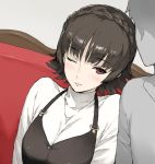  1boy 1girl blush braid breasts brown_hair couch eyebrows_visible_through_hair happy indoors leaning_on_person niijima_makoto one_eye_closed persona persona_5 red_eyes short_hair sitting smile turtleneck 