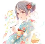  1girl artist_name bangs blue_kimono braid brown_hair commentary_request eyebrows_visible_through_hair floral_print furisode hair_bun hair_ornament holding holding_paintbrush japanese_clothes kimono looking_away nengajou new_year obi original paintbrush parted_lips print_kimono red_eyes sash sidelocks signature solo suihi upper_body white_background 