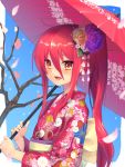  1girl :d back_bow bangs bare_tree blue_background blush bow commentary_request floating_hair flower from_side hair_between_eyes hair_flower hair_ornament high_ponytail highres holding holding_umbrella japanese_clothes kimono long_hair long_sleeves looking_at_viewer looking_to_the_side obi ohlia open_mouth orange_eyes orange_flower oriental_umbrella petals pink_kimono print_kimono purple_flower redhead sash shakugan_no_shana shana sidelocks smile solo tree umbrella upper_body white_bow wide_sleeves 