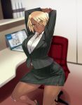  1girl arms_behind_head blonde_hair breasts business_suit collared_shirt dark_skin formal high_heels highres jacket jewelry large_breasts lips looking_at_viewer miniskirt necklace office_lady oohara_kyuutarou original pencil_skirt pinstripe_pattern pinstripe_suit shirt short_hair skirt skirt_suit solo striped suit 