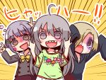  3girls :d \m/ ahoge arms_up bangs black_hoodie bow braid brown_eyes brown_jacket brown_skirt double_\m/ emphasis_lines eyebrows_visible_through_hair facepaint green_shirt grey_hair hair_between_eyes hair_bow hair_ornament hair_over_one_eye hairclip hood hood_down hoodie hoshi_shouko idolmaster idolmaster_cinderella_girls index_finger_raised jacket kawaii_boku_to_142&#039;s koshimizu_sachiko light_brown_hair long_hair long_sleeves multiple_girls mushroom naga_u open_mouth pink_bow pleated_skirt print_shirt sharp_teeth shirasaka_koume shirt side_braid single_braid skirt sleeves_past_fingers sleeves_past_wrists smile teeth very_long_hair white_skirt yellow_background yellow_bow 