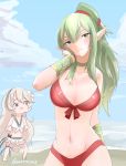  2girls absurdres bikini bracelet breasts chibi chibi_inset chiki choker cleavage clouds cute day dragon_girl elf female_my_unit_(fire_emblem_if) fire_emblem fire_emblem:_kakusei fire_emblem:_mystery_of_the_emblem fire_emblem_if green_hair grey_hair hair_between_eyes hair_ribbon hand_on_own_cheek head_tilt highres intelligent_systems jewelry large_breasts light_smile long_hair looking_at_viewer mamkute midriff multiple_girls my_unit_(fire_emblem_if) navel nintendo ocean pointy_ears ponytail red_bikini red_ribbon ribbon sexy sidelocks skeptycally solo_focus summer swimsuit twitter_username very_long_hair white_bikini 