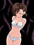  1girl arms_behind_back bow bow_bra bow_panties bra breasts brown_hair closed_eyes closed_mouth collarbone commentary_request cowboy_shot dutch_angle facing_viewer gegege_no_kitarou hair_ornament hairclip head_tilt inferno_(nanbu14) inuyama_mana lace lace-trimmed_bra lips medium_breasts navel panties short_hair short_ponytail skindentation solo tentacle thighs underwear white_bra white_panties 