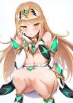  1girl bare_shoulders blonde_hair blush breasts bright_pupils cleavage commentary_request dress elbow_gloves eyebrows_visible_through_hair feet_out_of_frame gloves hand_on_own_cheek headpiece highres mythra_(xenoblade) large_breasts long_hair looking_at_viewer m-da_s-tarou nintendo parted_lips pleated_dress solo squatting white_dress white_gloves xenoblade_(series) xenoblade_2 yellow_eyes 