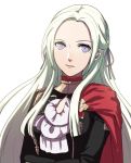  1girl cape cravat edelgard_von_hresvelgr_(fire_emblem) expressionless fire_emblem fire_emblem:_three_houses gloves hair_ornament head_tilt kokouno_oyazi long_hair looking_at_viewer nintendo red_cape silver_hair simple_background smile solo uniform very_long_hair violet_eyes white_background 